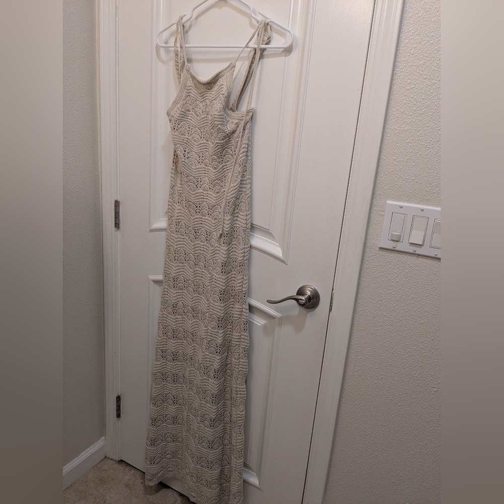 Pinkblush Beige Crochet Knit Back Cutout Maternity Maxi Dress